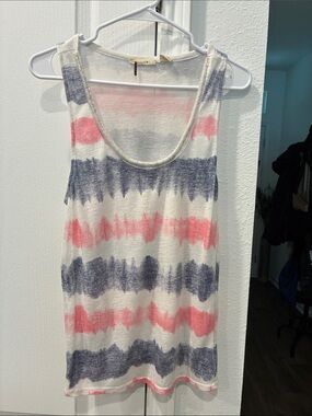 Miss Me Scoop Neck Tie-Dye Stripe Tank in White, Pink & Blue